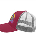 Chestnut red trucker hat side view with mesh back, featuring a rainbow and inclusive message. Everyone Deserves This Dope Trucker Hat For Men With A Funny Inclusive Message Ultra Breathable And Comfortable Unisex Adjustable Cap For Outdoor Adventures Water Days And Casual Vibes.
