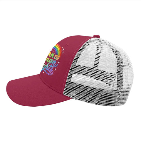 Chestnut red trucker hat side view with mesh back, featuring a rainbow and inclusive message. Everyone Deserves This Dope Trucker Hat For Men With A Funny Inclusive Message Ultra Breathable And Comfortable Unisex Adjustable Cap For Outdoor Adventures Water Days And Casual Vibes.