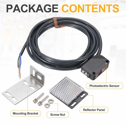 Photoelectric Sensor Kit 12-24V DC Pro Grade Specular Reflection Detects Objects With 2M Range NPN NO NC Outputs 3 Line Sensing Industrial Automation Switch Sensor Black, includes mounting bracket and reflector