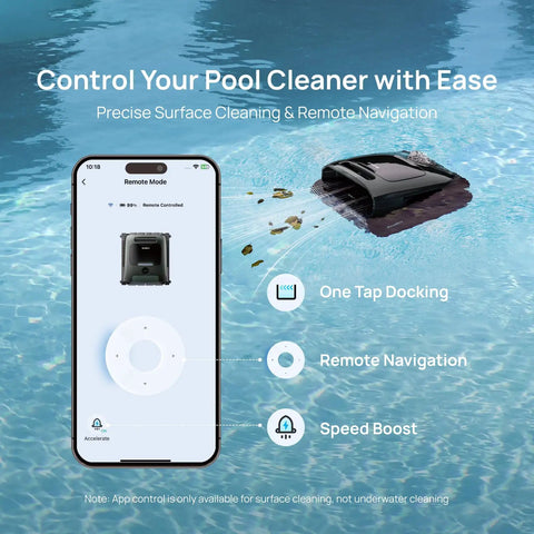 AquaSense 2 Pro Cordless Robotic Pool Cleaner with app interface showing remote navigation and cleaning features in a pool setting.