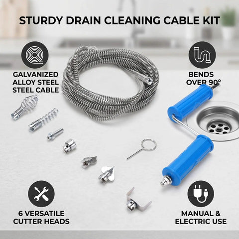 Tough Galvanized Drain Auger Cable With Six Heavy Cutter Blades For Blasting Kitchen Sink And Bathroom Pipe Clogs Fast Without Breaking A Sweat On Any Mess including steel cable and cutter heads.