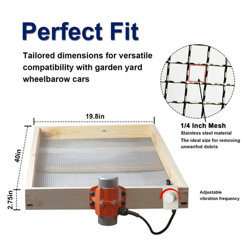40W 110V Adjustable Vibrating Soil Sifter With Wooden Screen Semi Industrial Grade showing wooden frame and adjustable motor
