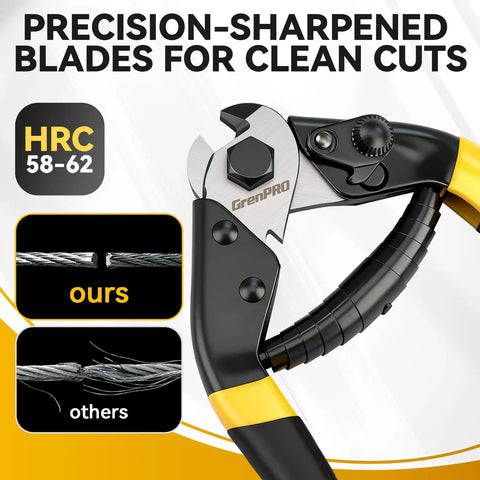 Beefy 7-1/2 Inch Heavy Duty Wire Rope Cutter With Chrome Vanadium Steel Jaw cutting wire, showing precision-sharpened blades