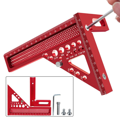 3D Multi Angle Aluminum Carpenter Ruler Protractor for woodworking, showing red aluminum precision tool with preset angles.