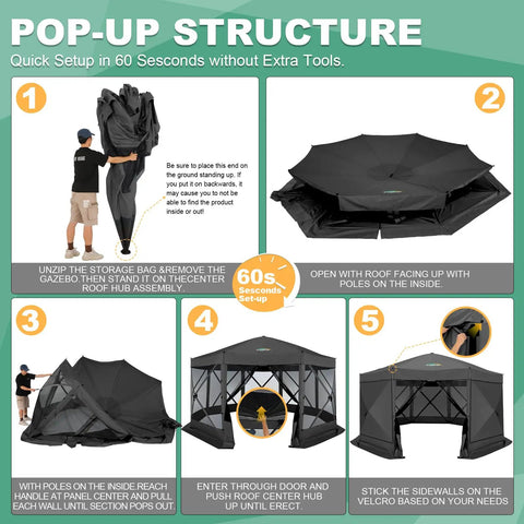 Assembly steps for Pop Up Gazebo 15 By 15 Foot Canopy Tent With Sidewalls Screened In For Outdoor Parties And Camping, Easy No Tool Setup