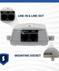 Ring Voltage Booster II showing line-in line-out ports and mounting socket