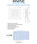 Diagram of Premium 12x12 HVAC Vent Cover One Way Aluminum Ceiling Diffuser Square, extruded with airflow chart and dimensions