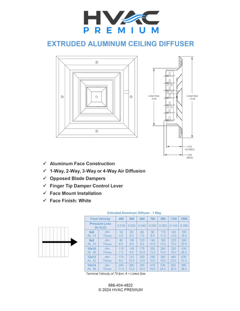 Diagram of Premium 12x12 HVAC Vent Cover One Way Aluminum Ceiling Diffuser Square, extruded with airflow chart and dimensions