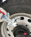 Person using Heavy Duty Wheel Weight Pliers And Tire Balancing Tool For Cars, SUVs And Trucks Clip On Weight Remover And Installer With Hammer Function Textured Rubber Handle Alloy Construction 12 Oz Weight on tire rim close-up