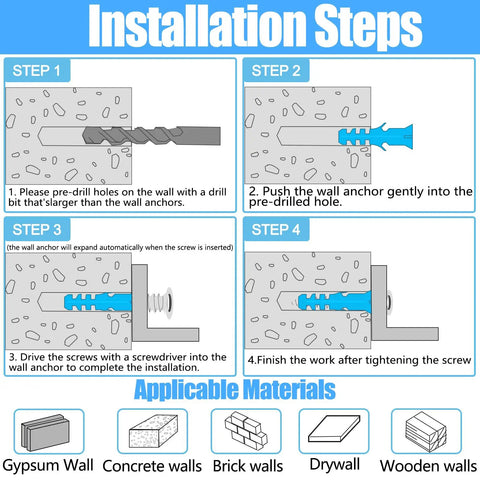 Installation steps for 136 Piece Drywall Anchors And Screws Set With Plastic Expansion Anchors And Philips Flat Head Wood Screws