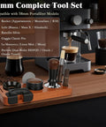Premium Eight Piece Espresso Accessories Kit With 58Mm Tamper And Pro Distributor For Breville Gaggia Machines Making Legit Shots All Day Fly Barista Gear That Truly Slaps displayed on a wooden countertop with espresso machine.