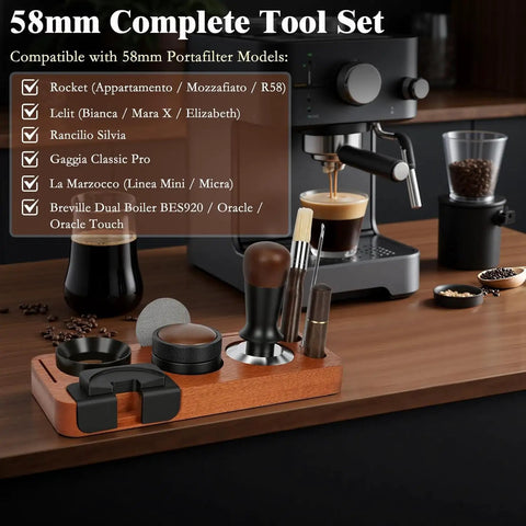 Premium Eight Piece Espresso Accessories Kit With 58Mm Tamper And Pro Distributor For Breville Gaggia Machines Making Legit Shots All Day Fly Barista Gear That Truly Slaps displayed on a wooden countertop with espresso machine.