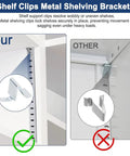 Comparison of heavy duty steel shelf clips for cabinets and bookshelves, left clip secures shelves firmly, right clip shows instability.
