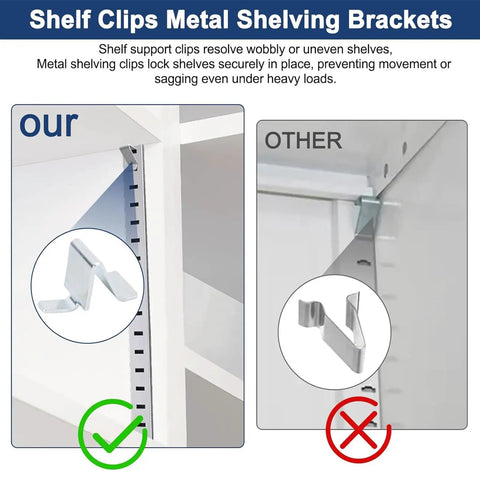 Comparison of heavy duty steel shelf clips for cabinets and bookshelves, left clip secures shelves firmly, right clip shows instability.