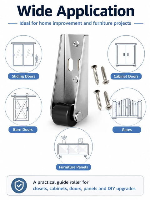 Premium Heavy Duty Vertical Track Rollers for Silky Smooth Sliding Barn Doors and Cabinets Featuring Rock Solid No Jitter Guide System Supporting Up To 110 Pounds In Matte Black, shown with applications.