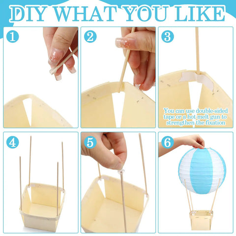 Dope DIY Hot Air Balloon Centerpieces Kit With 12 Blue And White Striped Paper Lanterns 12 Wooden Baskets And 50 Wooden Sticks assembly guide