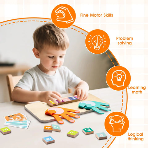 Child engaged with Super Slick Wooden Number Blocks And Finger Counting Board For Preschool Toddlers, enhancing fine motor skills.