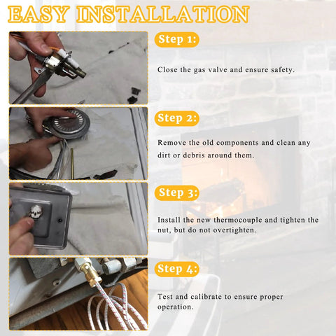 5-pack thermopile for gas fireplace; 36-inch, 750 mV, installation steps collage showing replacement process