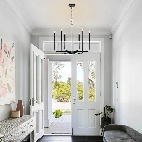 Rustic Matte Black 6 Light Candle Chandelier For Dining Room Kitchen Island Living Room And Foyer Industrial 26 Inch Ceiling Light Fixture Modern Farmhouse Style Black Chandeliers in modern foyer