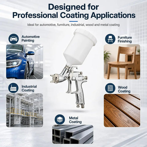 Pro Shop Ready 1.5mm Gravity Feed Paint Spray Gun With Stainless Steel Fluid Path delivering coatings for automotive, industrial, and furniture applications.
