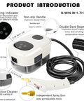 Pro Level Handheld Steam Cleaner With Lightning Fast Fifteen Second Heat Up And Heavy Hitter 2500 Watt Power showing controls and attachments.