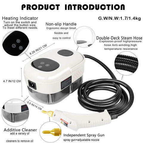 Pro Level Handheld Steam Cleaner With Lightning Fast Fifteen Second Heat Up And Heavy Hitter 2500 Watt Power showing controls and attachments.