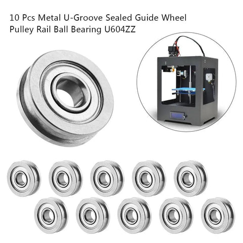 Rock Solid Hella Durable U Pulley Rail Ball Bearing Set For 3D Printer Extruder Metal U604ZZ showing ten metal bearings and a 3D printer.