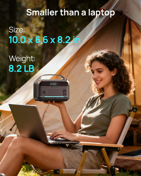 Woman outdoors holding Portable Power Station 288Wh LiFePO4 Battery With 350W Continuous Output And 600W Peak, tent background.