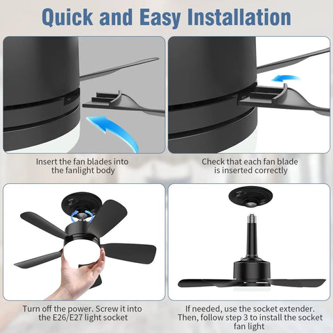 Lit Seventeen Point Five Inch Ceiling Fan Light With Remote 25W 1600 Lumens installation guide showing fan blade attachment and screw-in socket