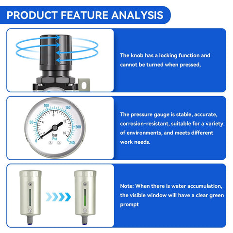 Feature analysis of Heavy Duty One Half Inch NPT Three Stage Air Dryer With Auto Drain Water Separator For Air Compressors Pro Grade Filter System with diagram