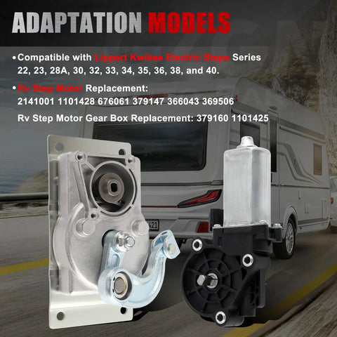 RV Entry Step Motor With Gear Box Linkage For Lippert Kwikee Electric Steps Series 22 Through 40 Easy Install Replacement Kit shown