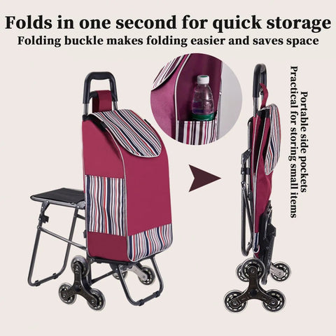 Heavy Duty Snap Fold Grocery Cart With Seat Beat The Stairs Smooth Rolling Tote Senior Favorite Portable Hand Truck Grab And Go Shopping Hauler For Weekend Getaways And Campgrounds