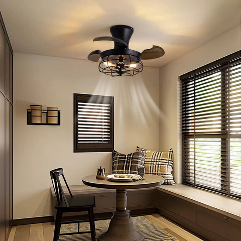 48 Inch Retractable Ceiling Fan With Lights In Black Cage Dope Industrial Fandelier in cozy room setting with remote control.
