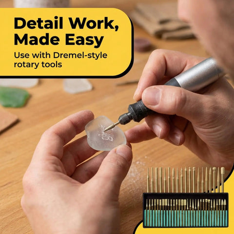 Person using rotary tool from 30 Piece Diamond Rotary Tool Bits Set Pro Grade For Engraving And Carving 120 Grit Burrs One Eighth Inch Shank Dremel Compatible Diamond Burrs For Stone Glass Jewelry Making Etching And Detailing on glass piece.
