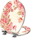 Elongated Resin Toilet Seat for Bathroom Decor with floral design, 14.5" x 18.5" size, chrome hinges.