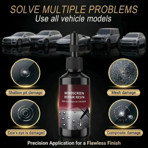 Windshield Crack Repair Kit For All Cracks, 5 Minute Quick Fix With Nano Glass Repair Liquid bottle and types of glass damage