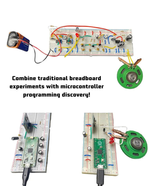 Hands-On Radio Electronics Kit Component Pack For 12 Experiments And DIY Circuits With Raspberry Pi Pico Duo on breadboards
