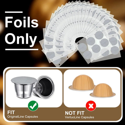 Image of 204 Pack Espresso Capsule Foil Seals Aluminum Lids And Stickers For Reusing 37 mm Pods, fit OriginalLine capsules.