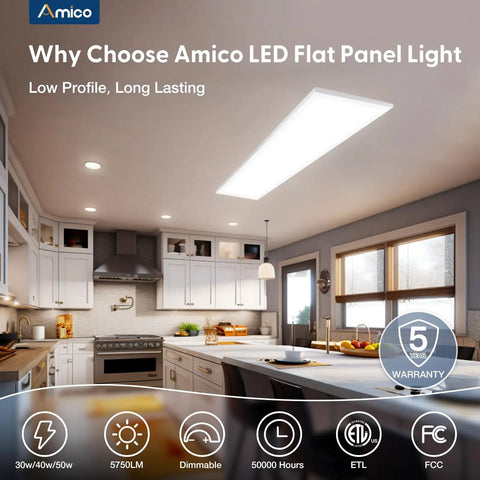 1x4 LED Flat Panel Light Surface Mount, Dimmable Triac, shown installed in a modern kitchen, illuminating with bright 5750LM.