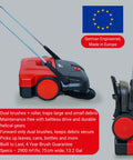 Heavy Duty Turbo Hand Sweeper With Dual Disc Brushes And Beltless Drive Works Like A Super Champ Crushing Fine Dust And Grime Across A 75 Centimeters Sweep Path, side view showing red and black design