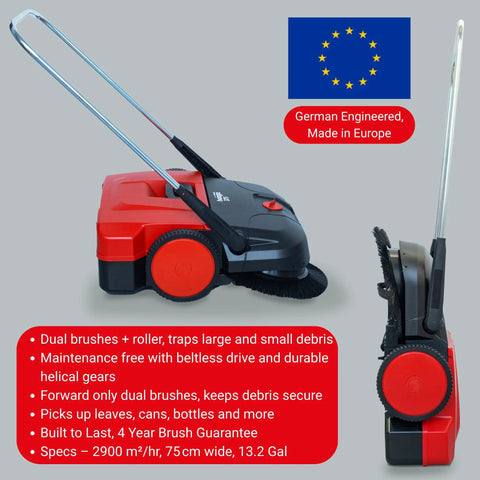Heavy Duty Turbo Hand Sweeper With Dual Disc Brushes And Beltless Drive Works Like A Super Champ Crushing Fine Dust And Grime Across A 75 Centimeters Sweep Path, side view showing red and black design