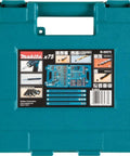 Makita 75-piece metric drill and screw bit set in teal case.