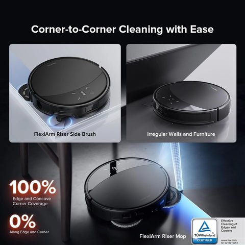 Roborock Saros 10R robot vacuum and mop, black; front and side views with FlexiArm Riser side brushes.