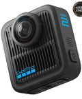 Close-up of MAX2 Dope 360 Degree Waterproof Action Camera Bundle with HyperSmooth Stabilization, Horizon Lock, black body design.