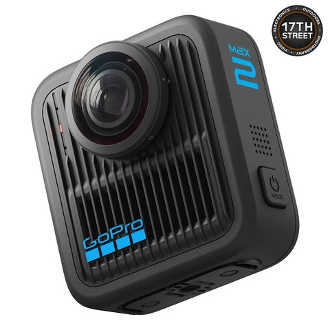 Close-up of MAX2 Dope 360 Degree Waterproof Action Camera Bundle with HyperSmooth Stabilization, Horizon Lock, black body design.