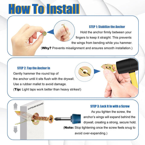 Installation steps for Self Drilling Drywall Anchors With Screws Kit 200 Pcs Heavy Duty Metal Expansion Anchors