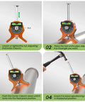 Front view of Nuvium pipe center finder: orange Y-base, embedded magnets, dial protractor and bubble level.
Side view of orange pipe center finder clamped to a pipe, showing dial protractor.
Close-up of tool mounted on pipe for center marking; orange body with dial protractor.
In-use view: hammer strikes the tool to leave a center mark on the pipe.