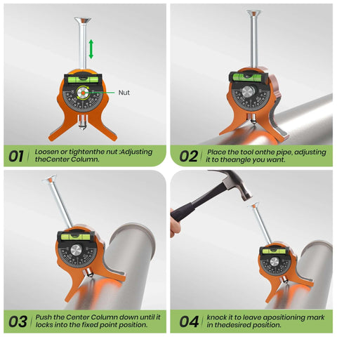 Front view of Nuvium pipe center finder: orange Y-base, embedded magnets, dial protractor and bubble level.
Side view of orange pipe center finder clamped to a pipe, showing dial protractor.
Close-up of tool mounted on pipe for center marking; orange body with dial protractor.
In-use view: hammer strikes the tool to leave a center mark on the pipe.