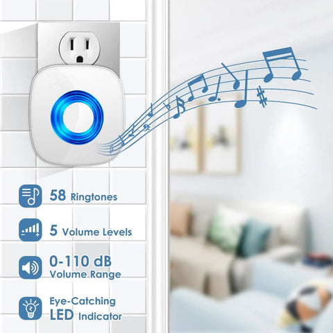 Plug-in receiver of Waterproof Wireless Doorbell Kit with LED strobe, displaying 58 ringtones and volume levels in a home setting.
