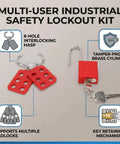 Heavy Duty Industrial Safety Lockout Tagout Kit with tamper-proof hasp and six hole interlocking system, shown with padlocks